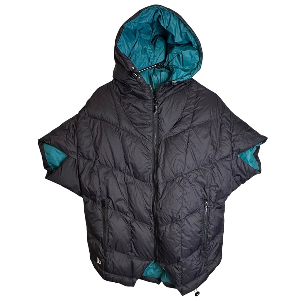 Heim-Made S/M Cocoon Navy Teal Reversible Hooded Puffer Vest Duck Down Feather
